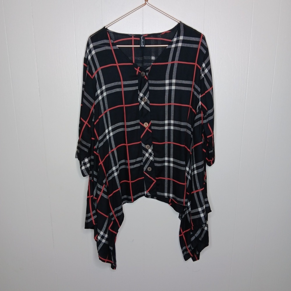 Sacred Threads Blouse Womens S/M Black Plaid Artsy Boho Grunge Lagenlook Edgy